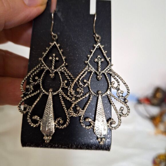 Vintage Filigree Earrings Teardrop Chandelier Silver Tone Whimsigoth Elegant - Picture 2 of 7